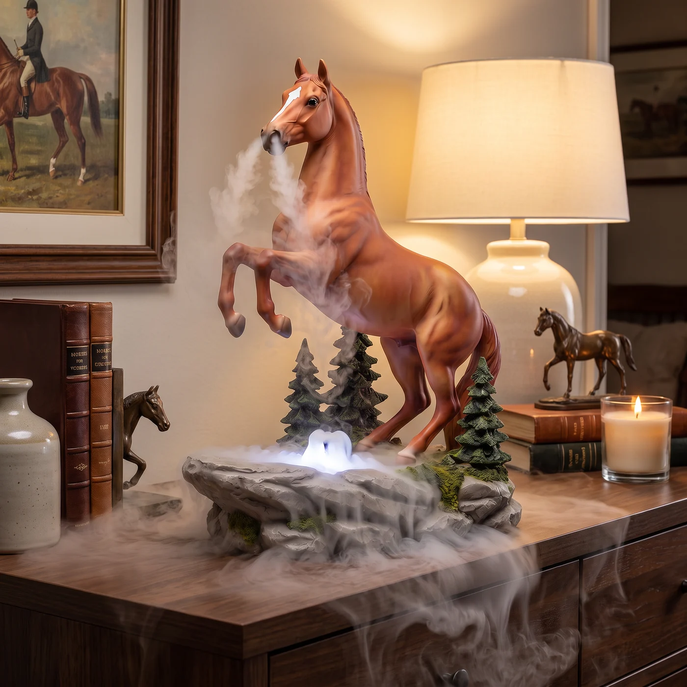 HumiHorse running on a bedroom dresser, mist streaming from the horse’s nostrils